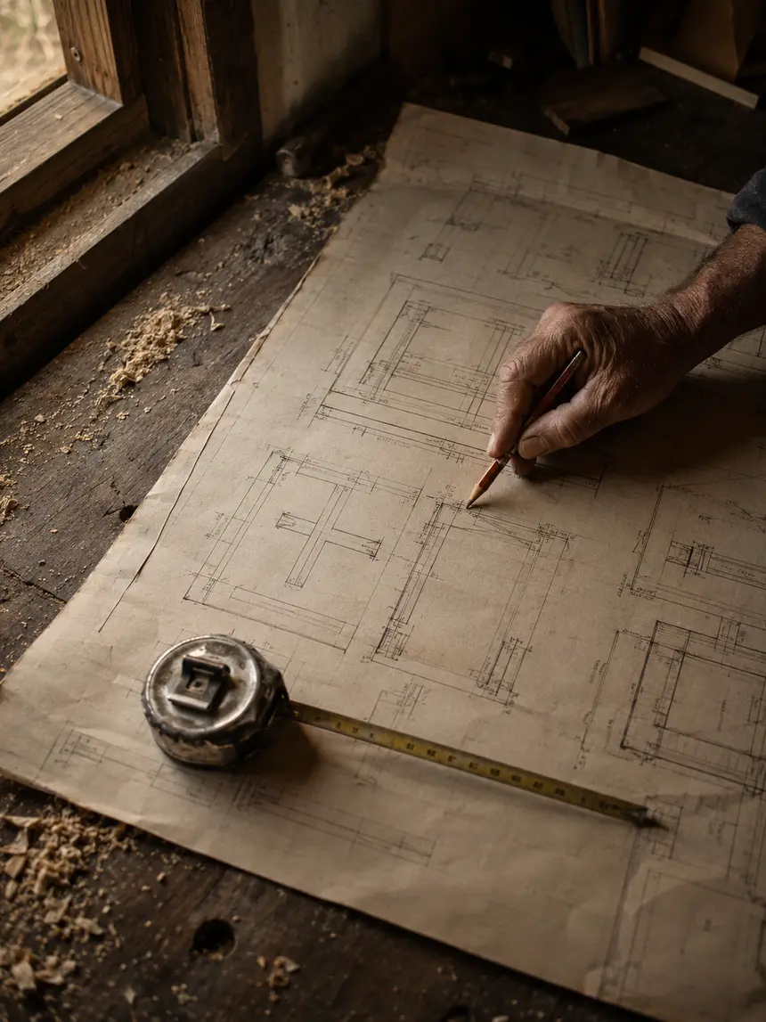 A weathered hand with a red carpenter's pencil over a large plan sheet, tape measure and sawdust on the bench